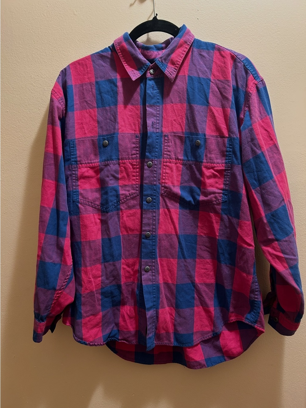 Pink and Blue Plaid Button-Up Shirt